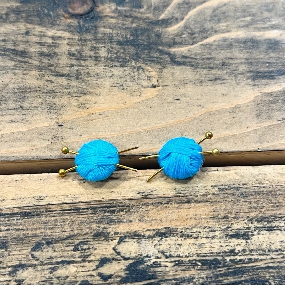 Blue & Gold Yarn Ball Stud Earrings